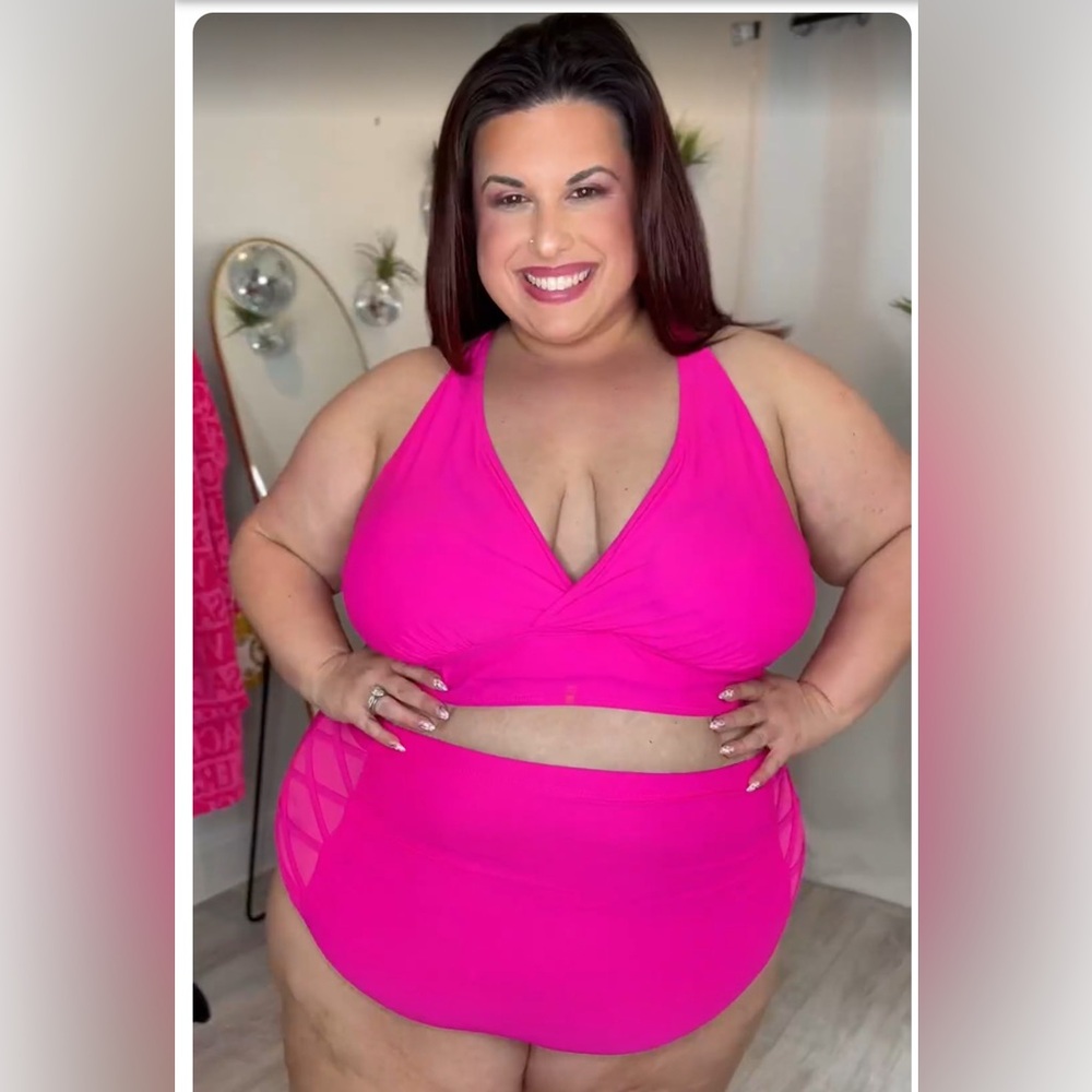 Plus Hot Pink Plunging Two Piece Swimsuit.
